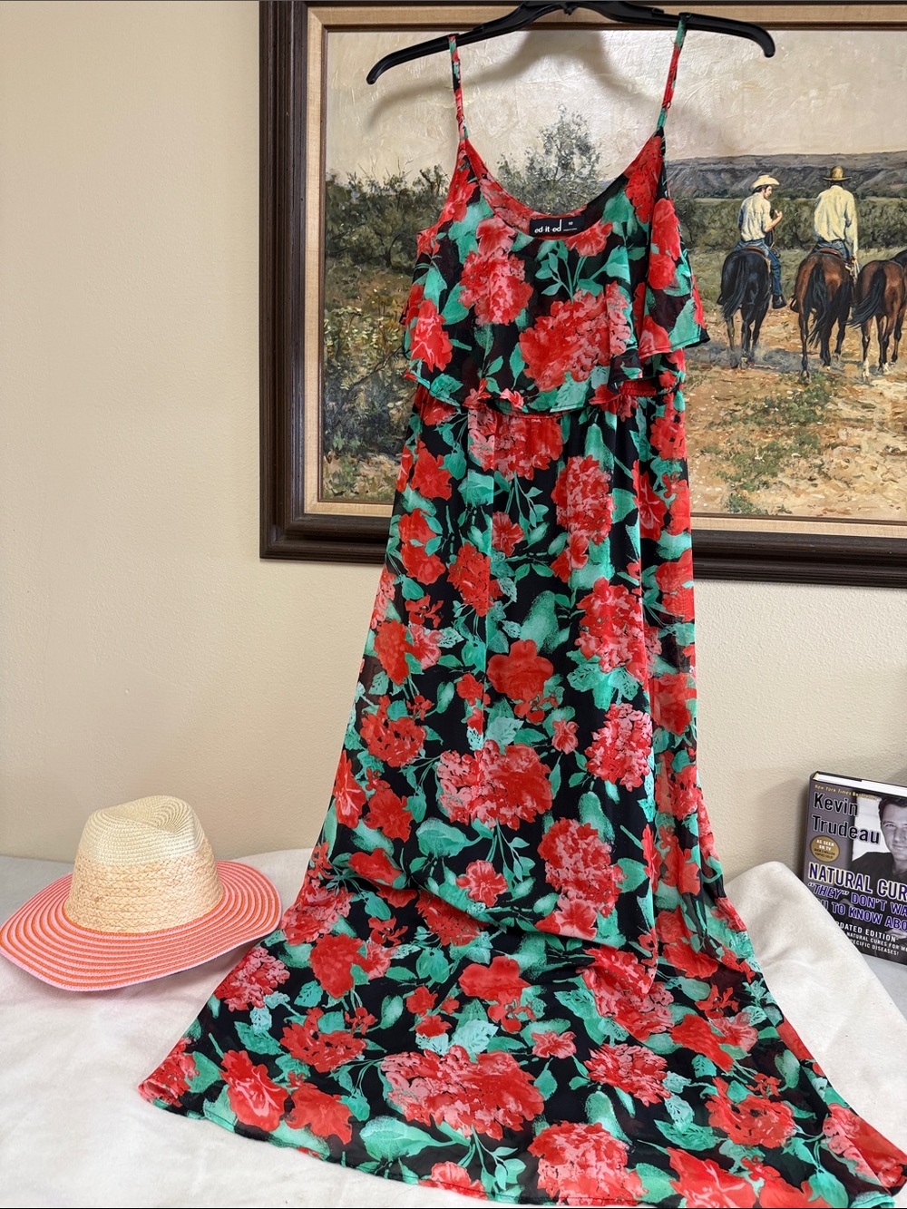 Flowy Maxi Floral Slip Dress with Red & Green Blooms on black background